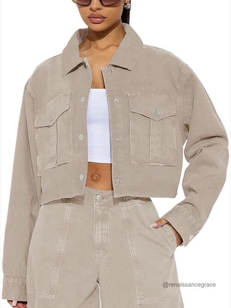 Cropped Utility Shacket Jacket Women's Casual Outerwear Lightweight Cotton Blend